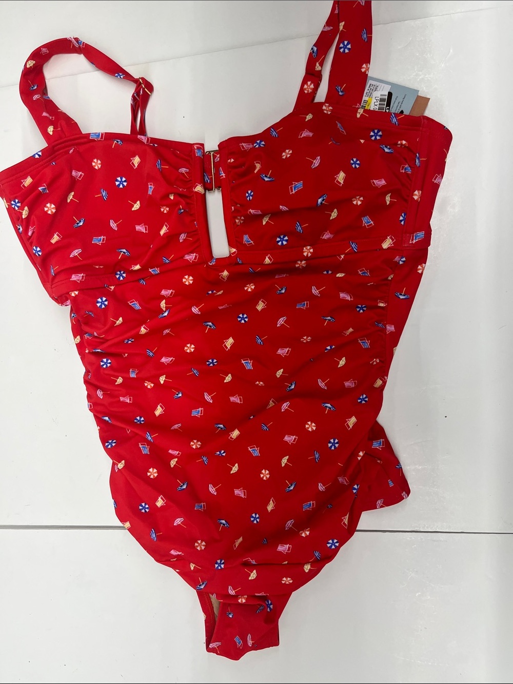 NEW Shade & Shore Red One-Piece Swimsuit with Beach Motif Women’s size 16